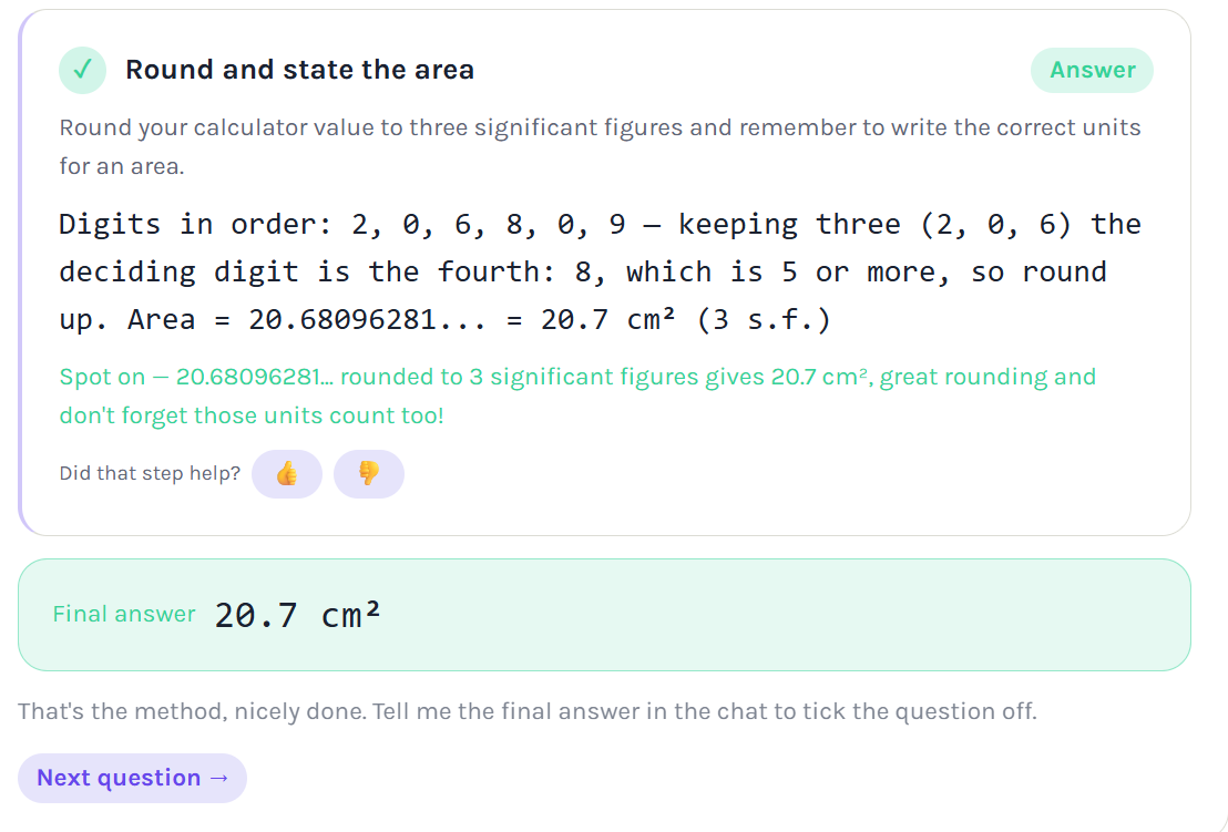 Step 3 of 3, rounding to three significant figures and stating the area